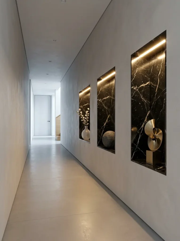 Three deep rectangular wall niches backed with black marble and lit from above in a narrow white corridor displaying minimalist decor.