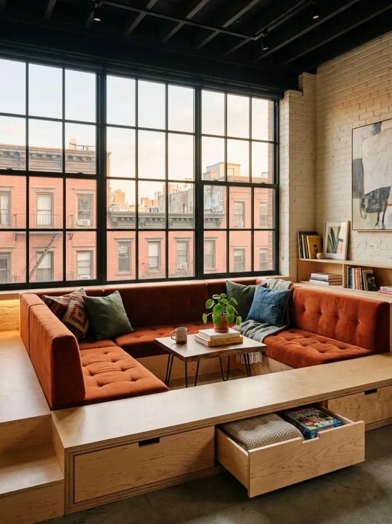 Sunken conversation pit with orange tufted velvet cushions built into an elevated wooden floor with storage drawers.