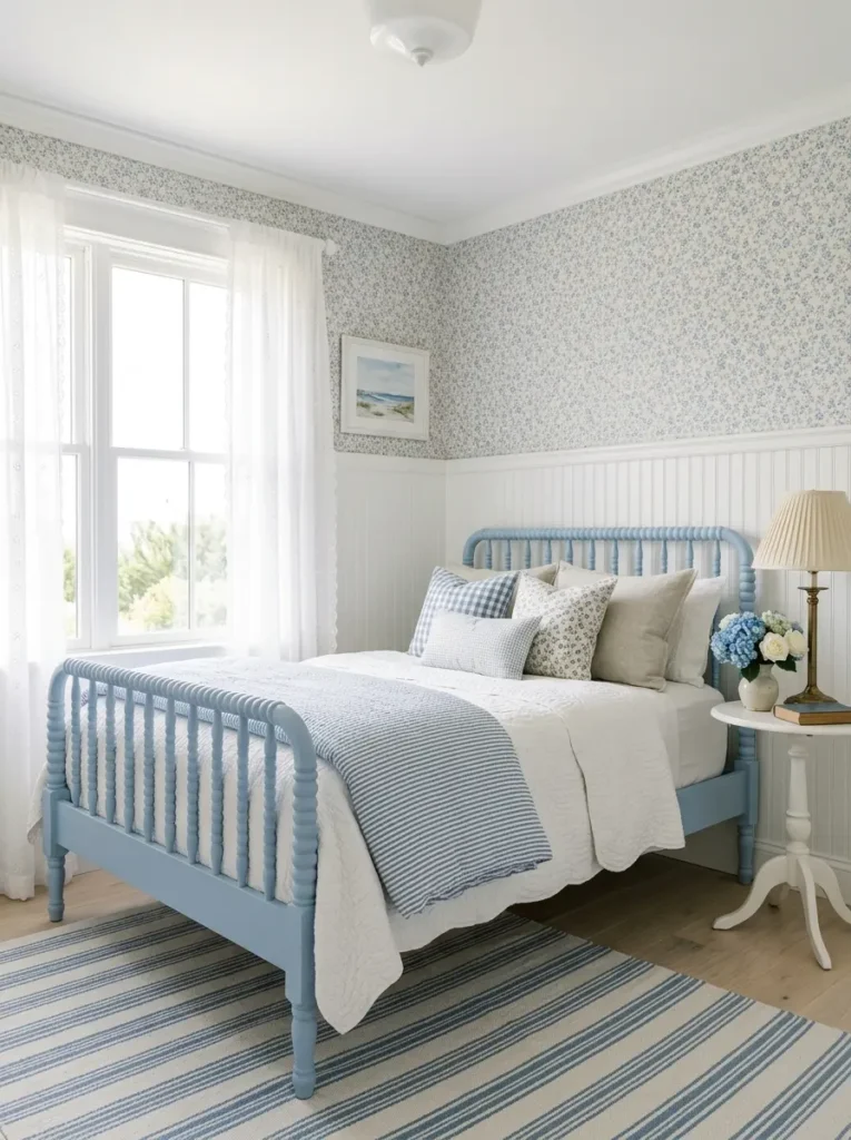Cottage style light blue spindle bed against delicate floral wallpaper and white wainscoting showing airy room styling
