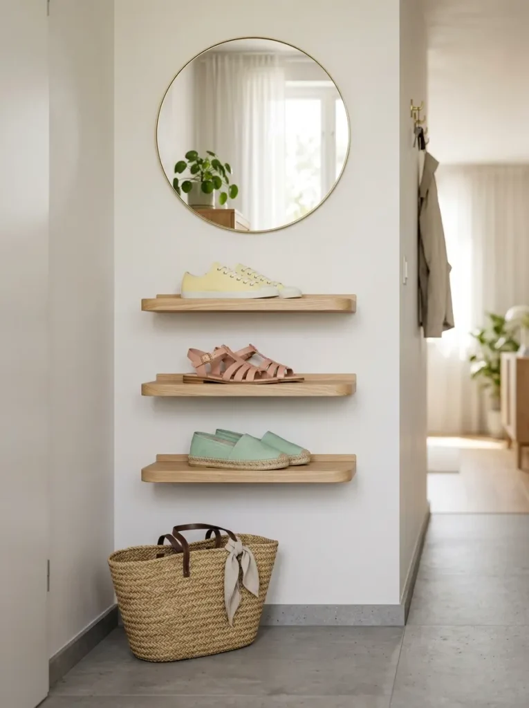 Pastel shoes rest on floating oak shelves below a round gold mirror.
