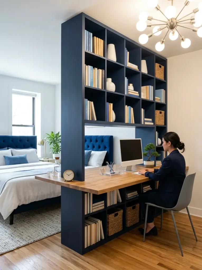 Navy blue bookshelves dividing a bedroom and office space.