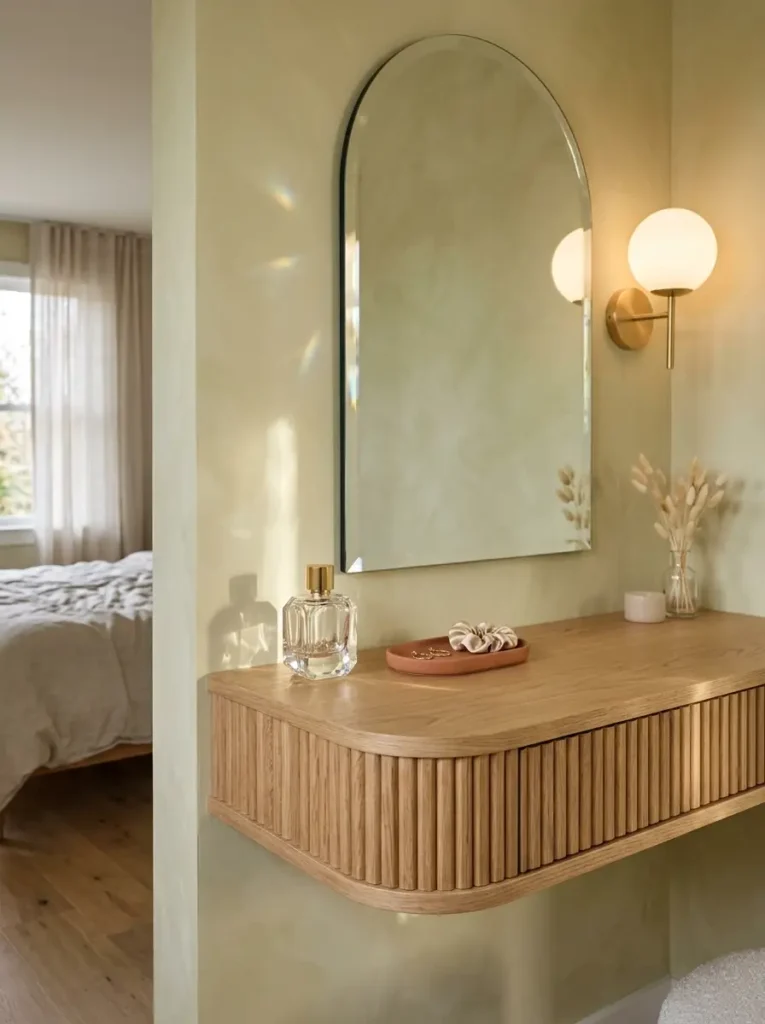 Floating wooden vanity with fluted details and a rounded corner under a tall mirror.