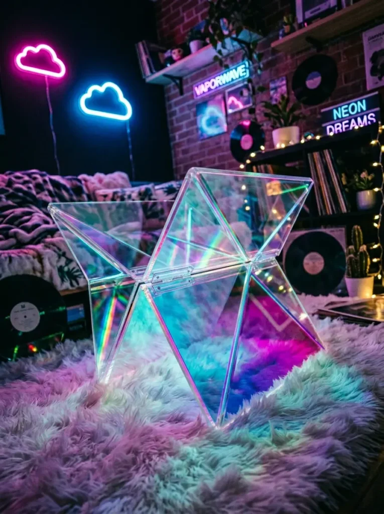 Iridescent Geometric Folding Table Transparent folding table made of geometric acrylic panels reflecting rainbow colors.