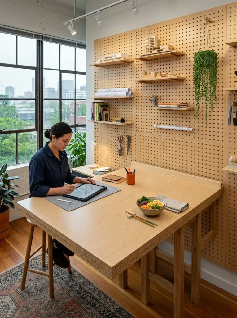 Plywood Pegboard Fold Down Desk Light plywood fold down space saving dining table attached to a large pegboard wall