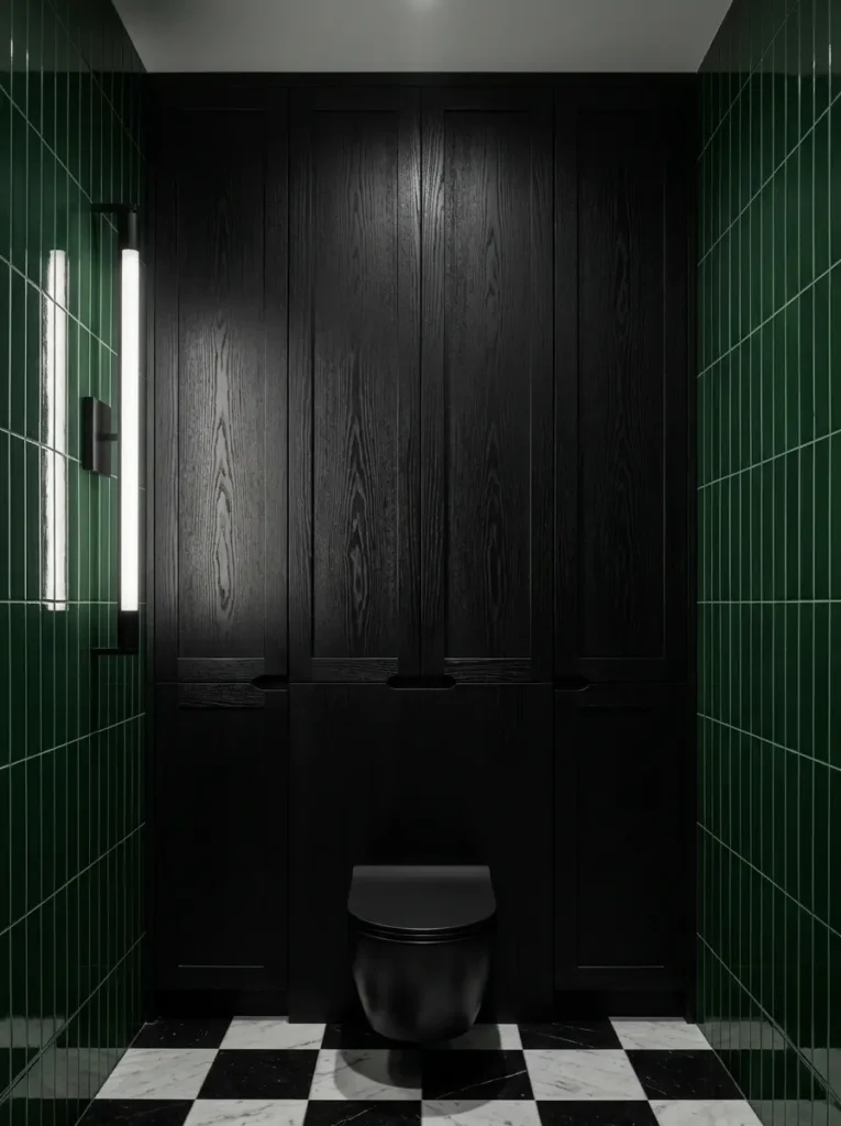  Tall black wood cabinets surrounding a black toilet against green subway tiles