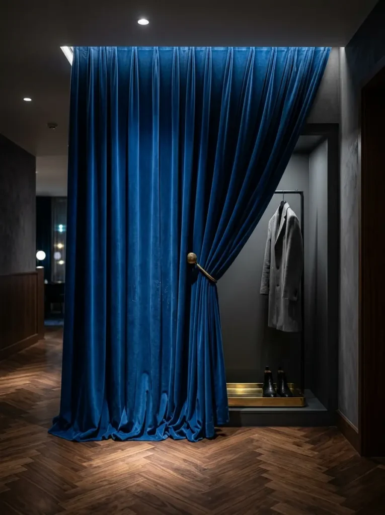 Heavy blue velvet curtain pulls back to reveal a dark painted closet alcove holding a grey coat.