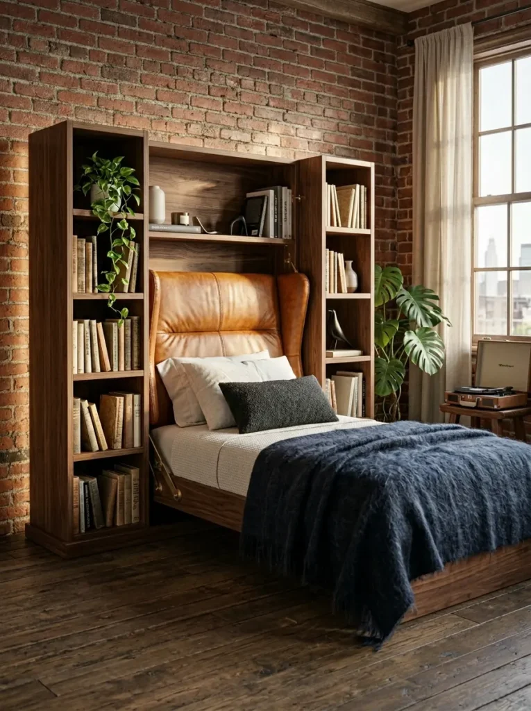 Bookcase Flanked Leather Headboard Affordable murphy bed with a brown leather wingback headboard flanked by tall wooden bookcases against a brick wall.