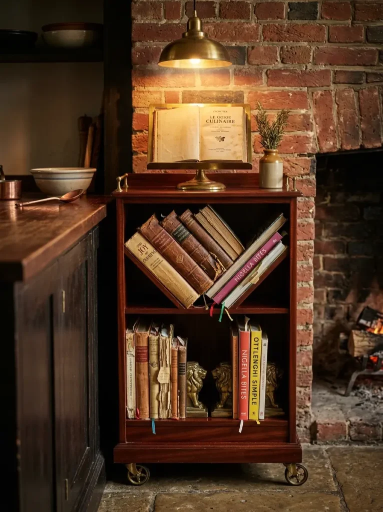 Dark mahogany wooden cart used as a rolling library for cookbooks