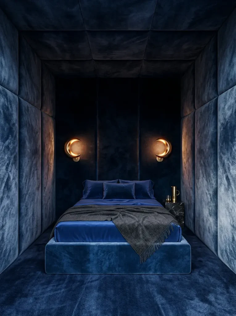 Luxurious tiny room featuring thick blue velvet padded walls and ceiling illuminated by golden crescent moon wall lamps