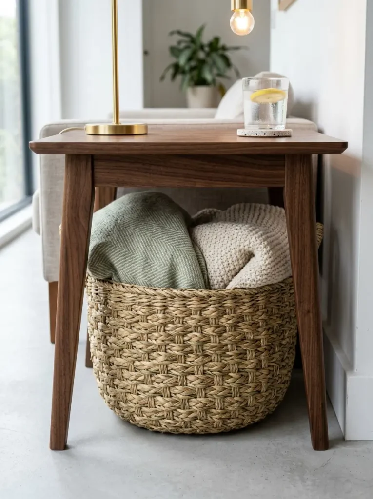 Large woven baskets filled with blankets sit underneath a dark wooden table.