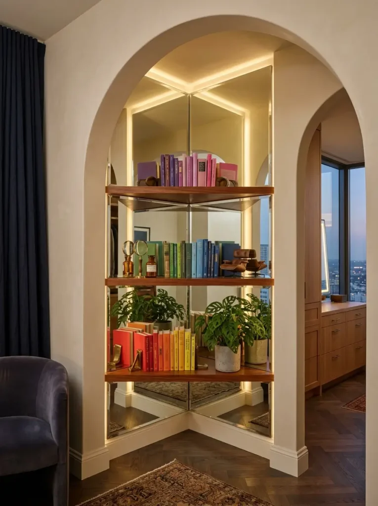 Arched corner wall niche with tall mirrored back panels and wooden shelves holding colorful books.