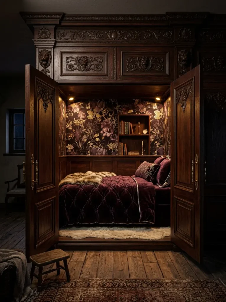 Massive carved antique wooden wardrobe with open doors revealing a hidden bed nook lined with dark floral wallpaper
