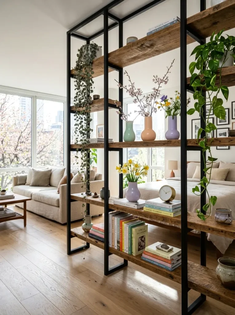 Steel and wood shelving units divide a bed from a sofa area.