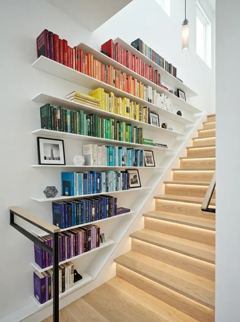 White floating shelves climbing a wall parallel to a wooden staircase filled with color coded books.