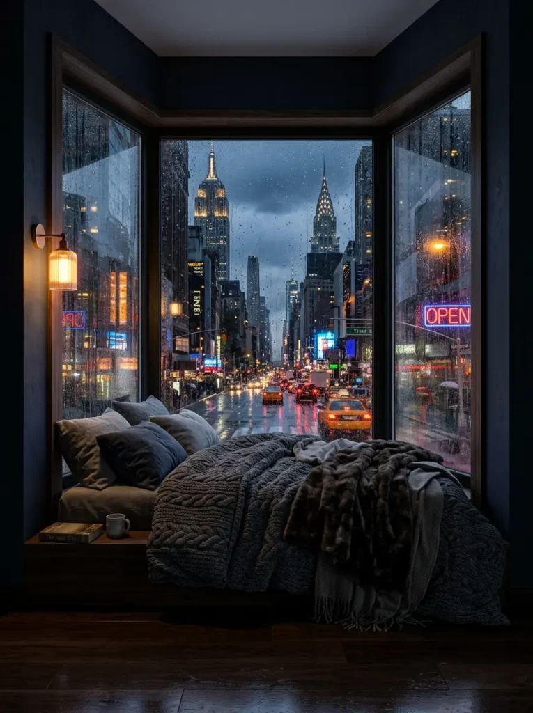 Cozy bed tucked inside a large glass window nook looking out over a rainy moody neon lit city street at night