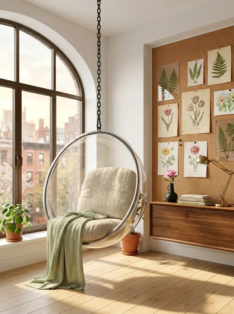 Acrylic hanging chairs sit near a corkboard covered in botanical prints.