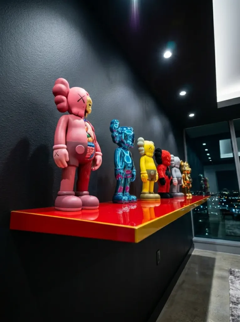 Thick glossy red floating shelf with a yellow border holding several designer art toy figures.