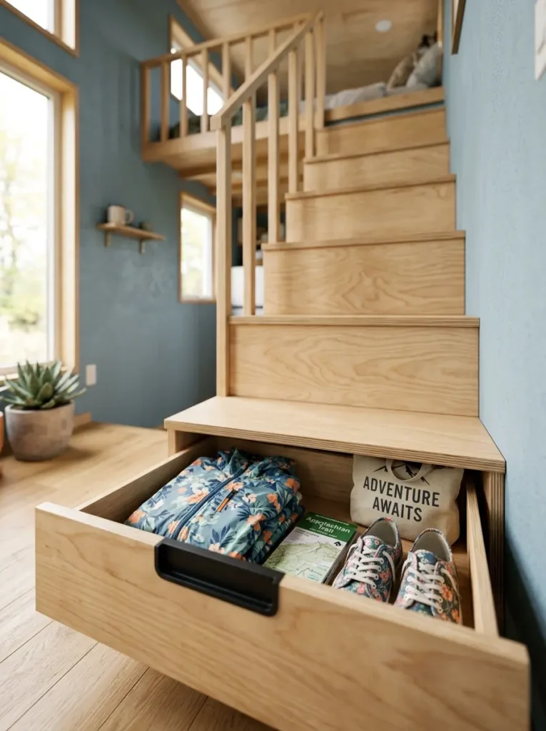 Timber stair steps pull out to reveal drawers containing shoes and jackets.
