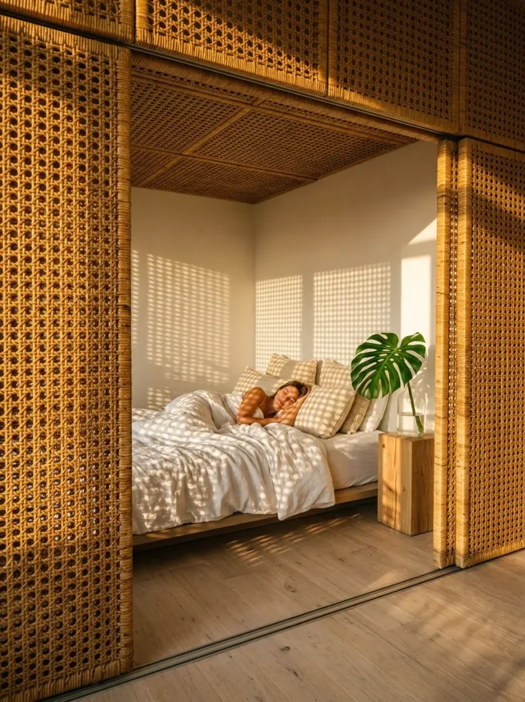 Bright airy bedroom featuring large sliding woven rattan screens casting geometric sunlight shadows across a simple white bed