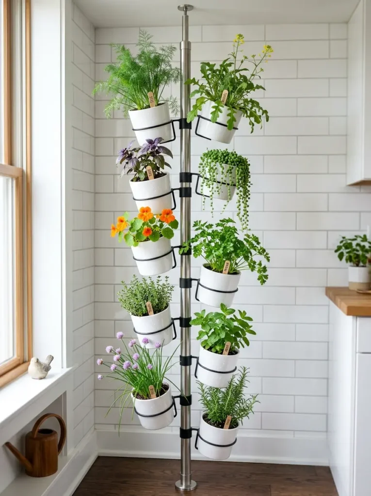 Floor to ceiling metal poles hold multiple white planters filled with herbs.