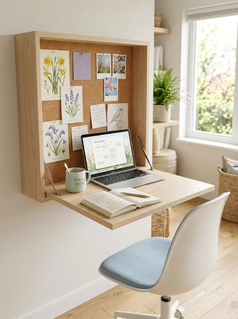 Wooden wall mounted cabinets open into desks holding laptops and mugs.