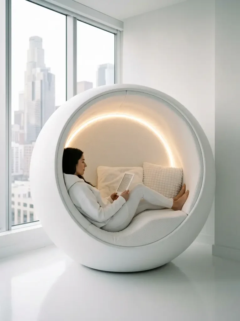Modern Spherical Pod Woman sitting inside a round white pod chair reading an electronic device.