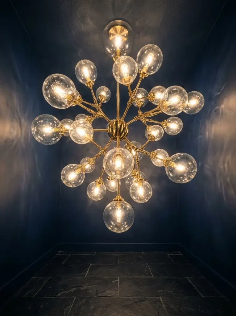 Large Brass Globe Chandelier Massive brass chandelier with multiple clear glass globes shining in a dark blue room.
