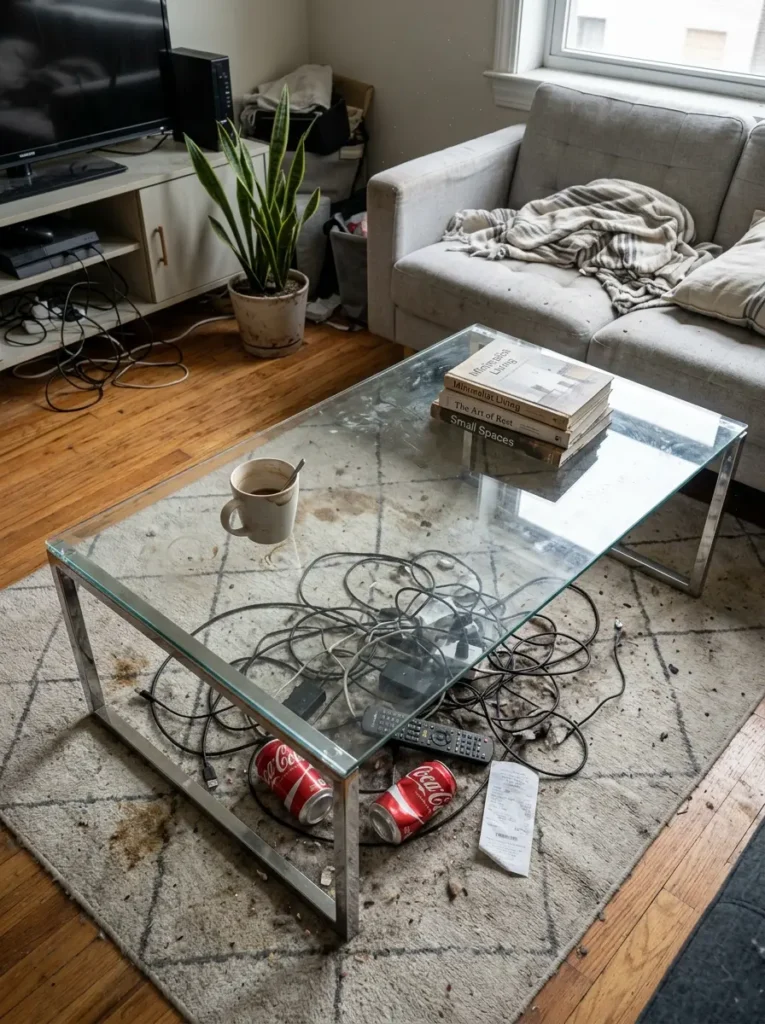 Transparent glass coffee table showing a tangled mess of electronic cables and trash on the rug below
