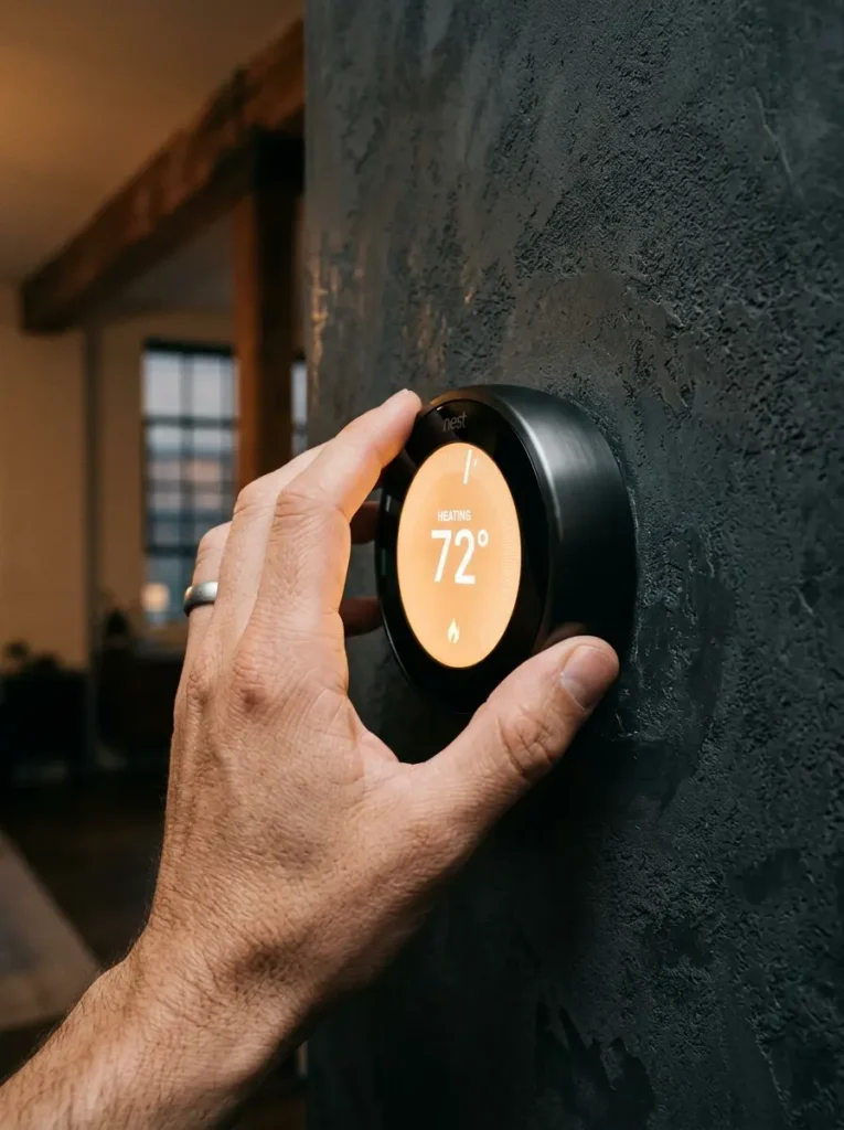 A hand adjusts a black circular smart thermostat displaying 72 degrees on a dark wall.