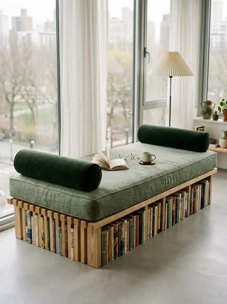 Slatted Bookcase Daybed Furniture Green velvet daybed resting on a wooden slatted base filled with books