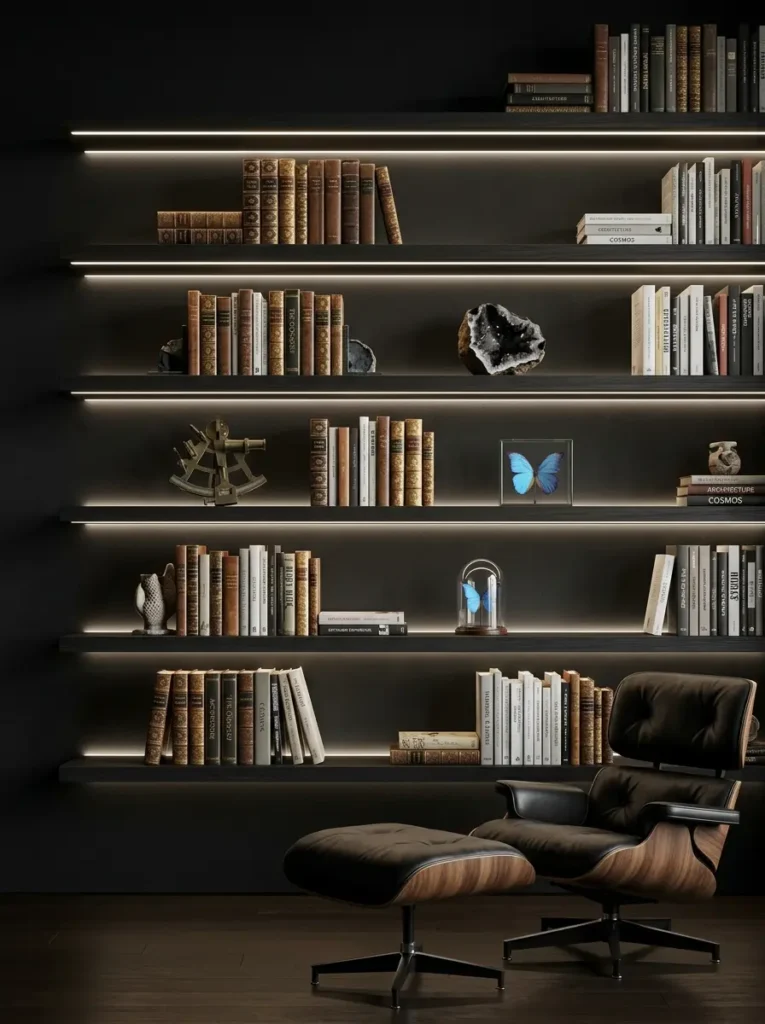 Dark floating bookshelves featuring hidden LED strip lighting for dark apartments.