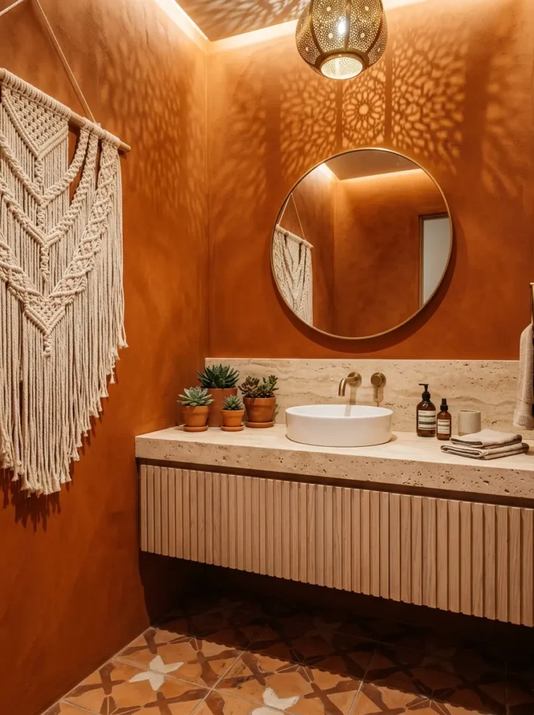 Terracotta Bathroom Paint Idea Terracotta orange bathroom with macrame wall hanging and stone sink