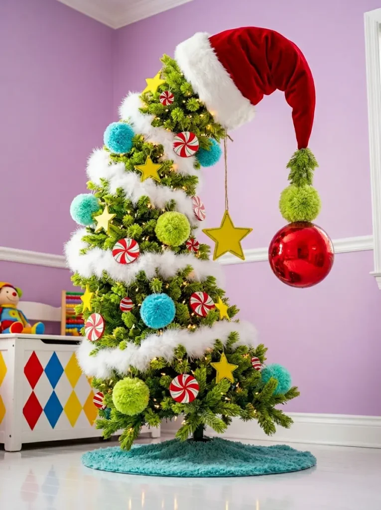 Curving green Christmas tree with fluffy white trim yellow stars and oversized colorful ornaments