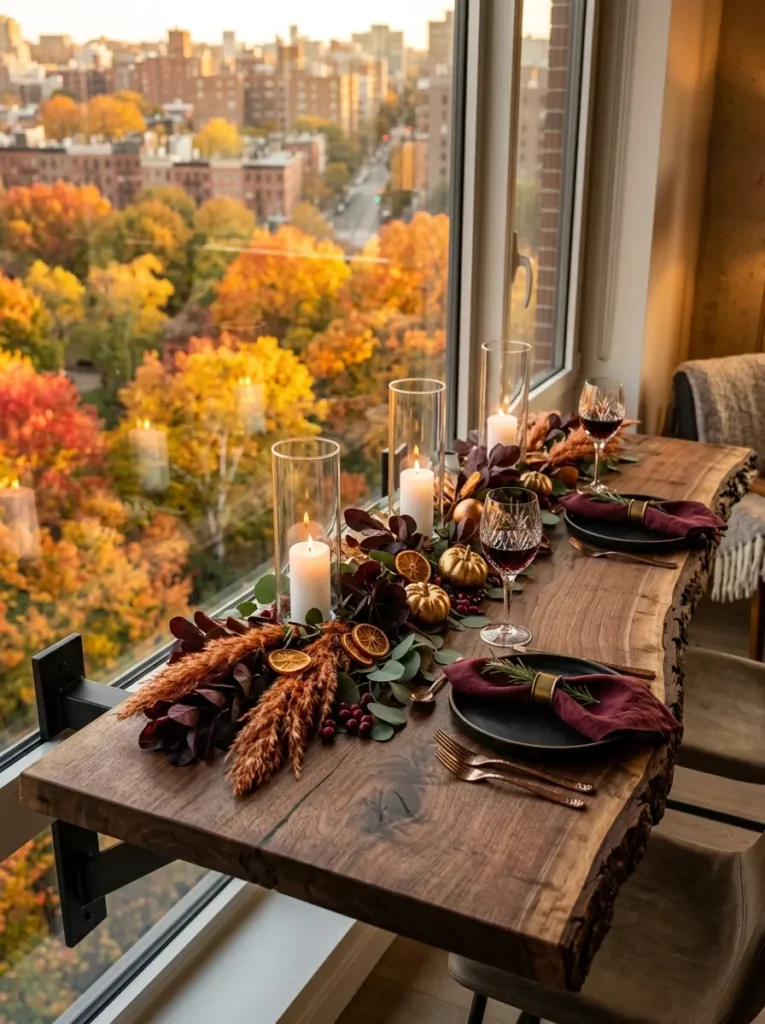Live edge wood slab mounted below a large window serving as a Thanksgiving dining bar