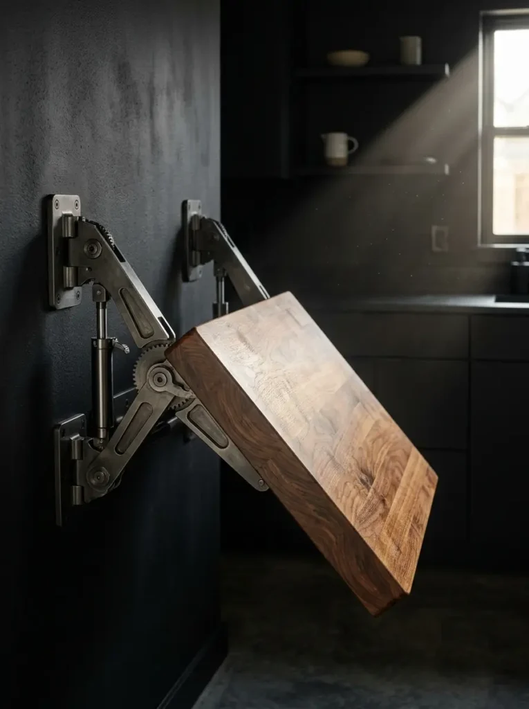 Thick wooden cutting board folds down from a dark wall on heavy metal gears.