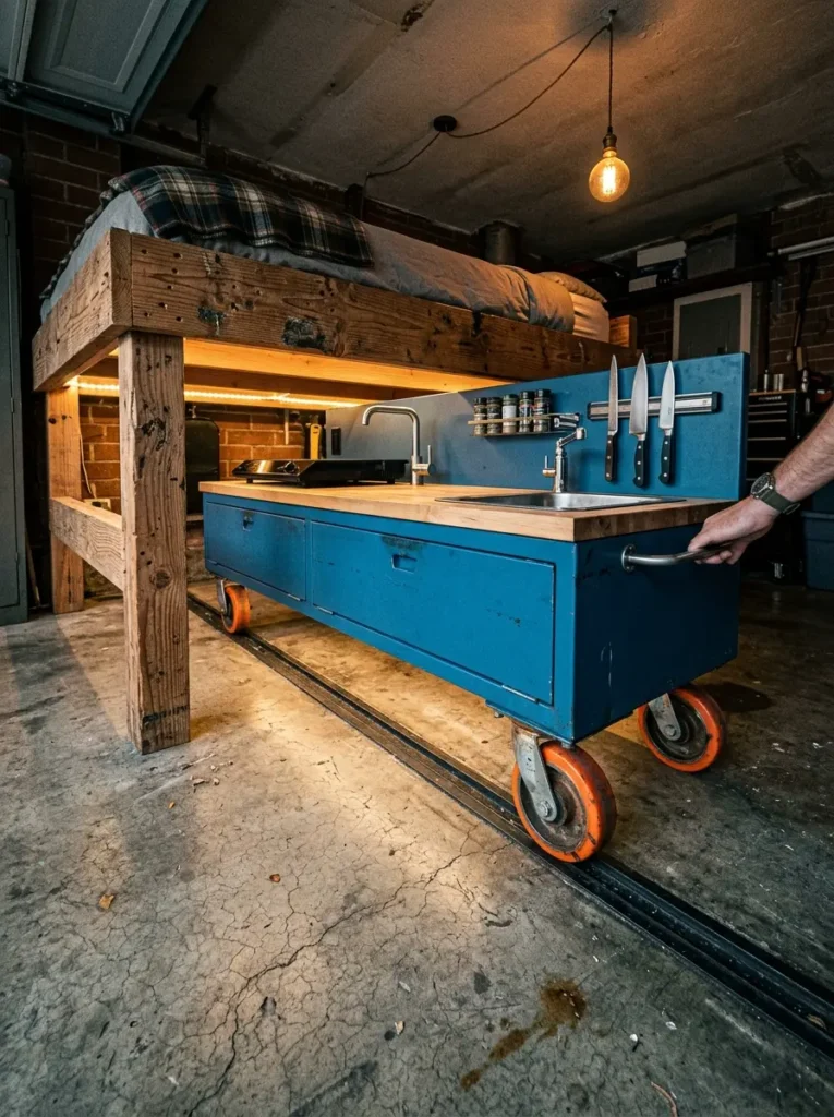 A vibrant blue mobile kitchen station on large orange industrial wheels sliding out from under a wooden loft bed.