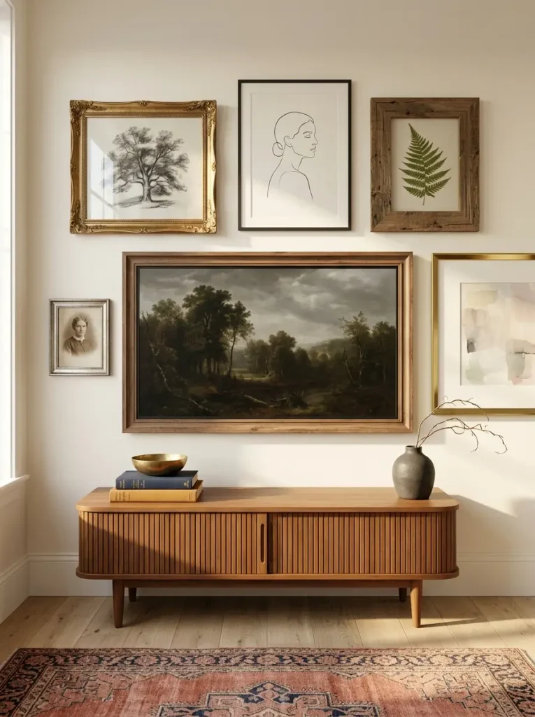 Vintage gallery wall integration hides a screen among framed art on a small living room tv wall.