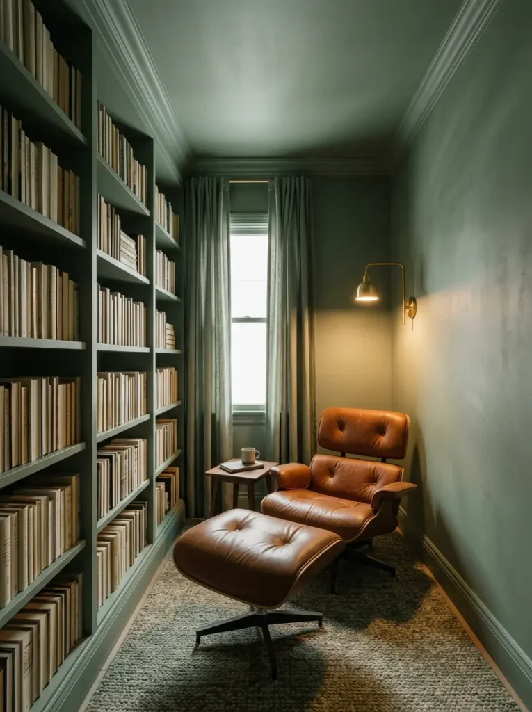 Tiny home office entirely painted in deep matte green including the walls ceiling and tall bookshelves surrounding a brown leather chair.