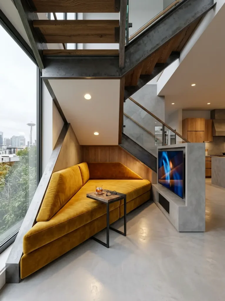 Yellow velvet wedge sofa built into the angled space under an open wooden and steel staircase.