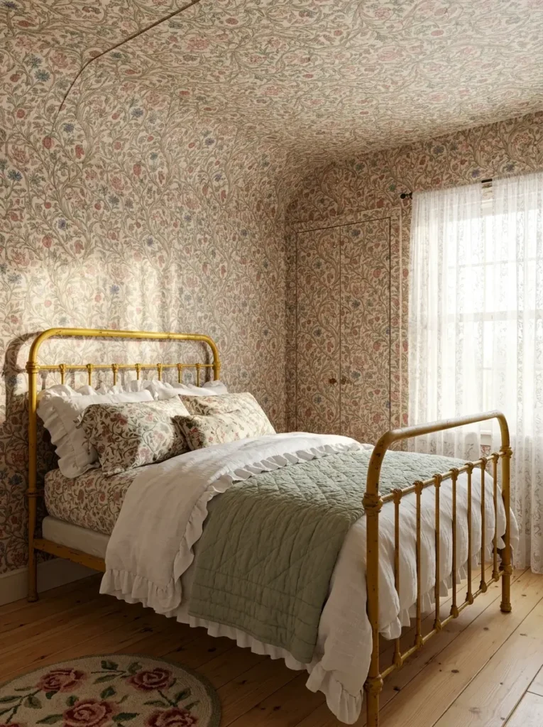 Vintage yellow metal bed frame surrounded by dense botanical wallpaper and sage green bedding for a classic aesthetic