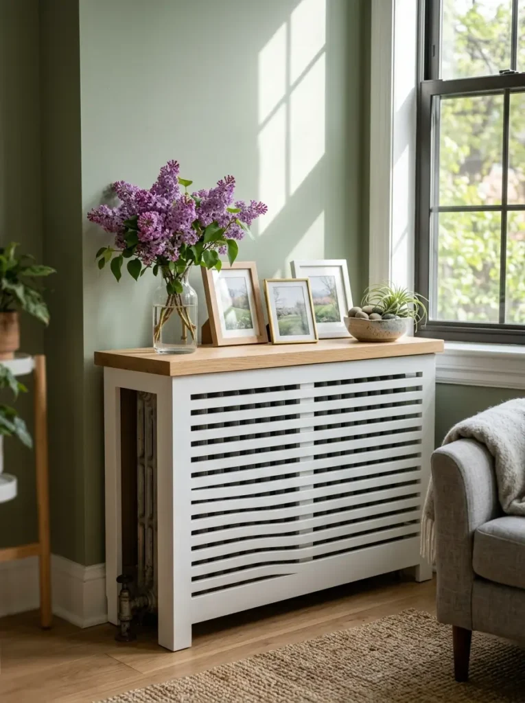 Purple lilacs and framed photos decorate a white slatted radiator cover.