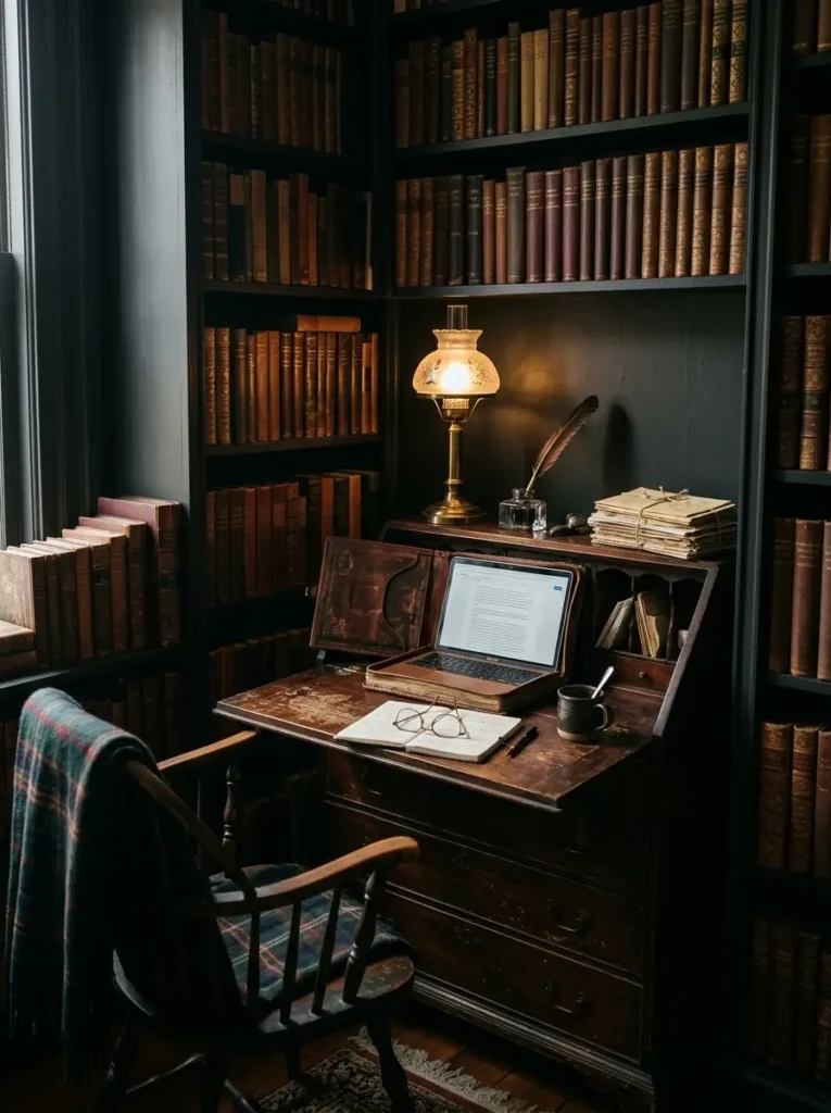 Antique secretary desk surrounded by tall dark bookshelves.