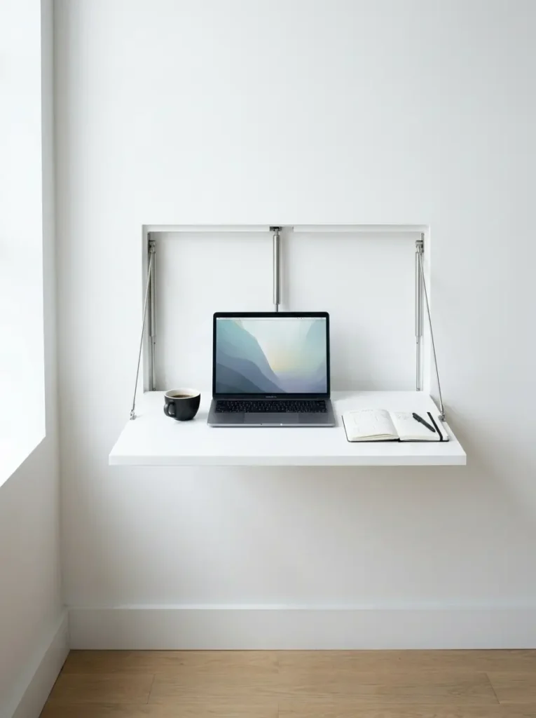 White wall mounted fold down desk open with a laptop and coffee mug on it.
