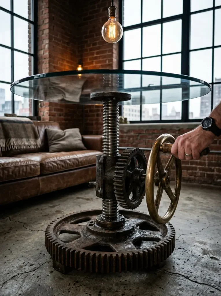 Industrial Crank Wheel Glass Table Round glass table resting on a heavy metal pillar with an adjustable crank wheel.