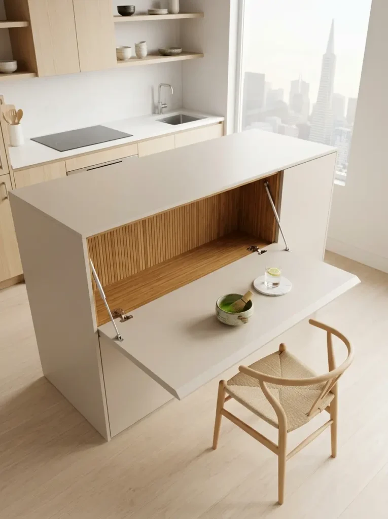 White Kitchen Island Hidden Pull Out Counter White kitchen island with a hidden pull out space saving dining table revealing bamboo slats.