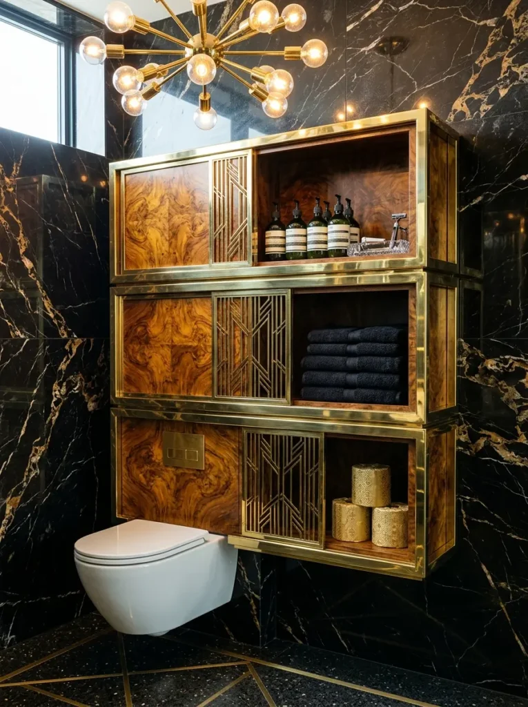 Three stacked burl wood and brass cabinets above a white wall mounted toilet
