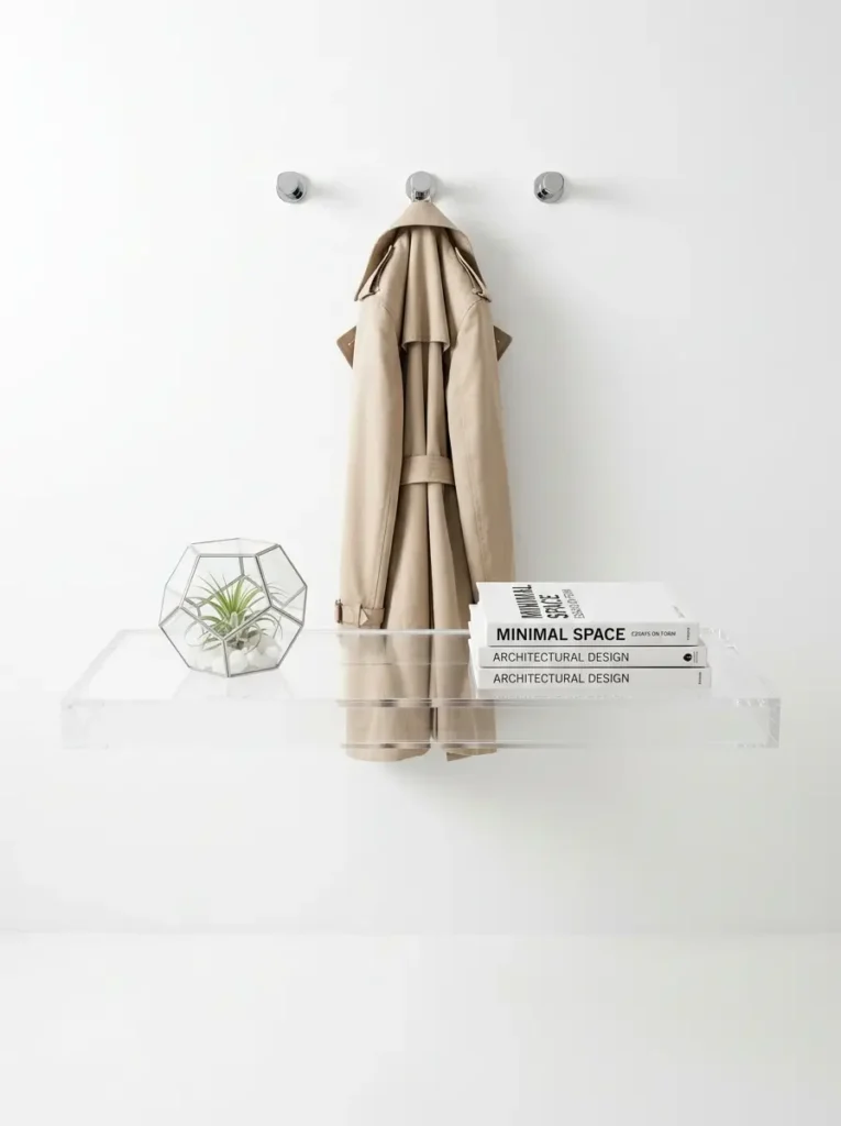 Transparent acrylic floating ledge holds books and a glass terrarium below a hanging beige trench coat.