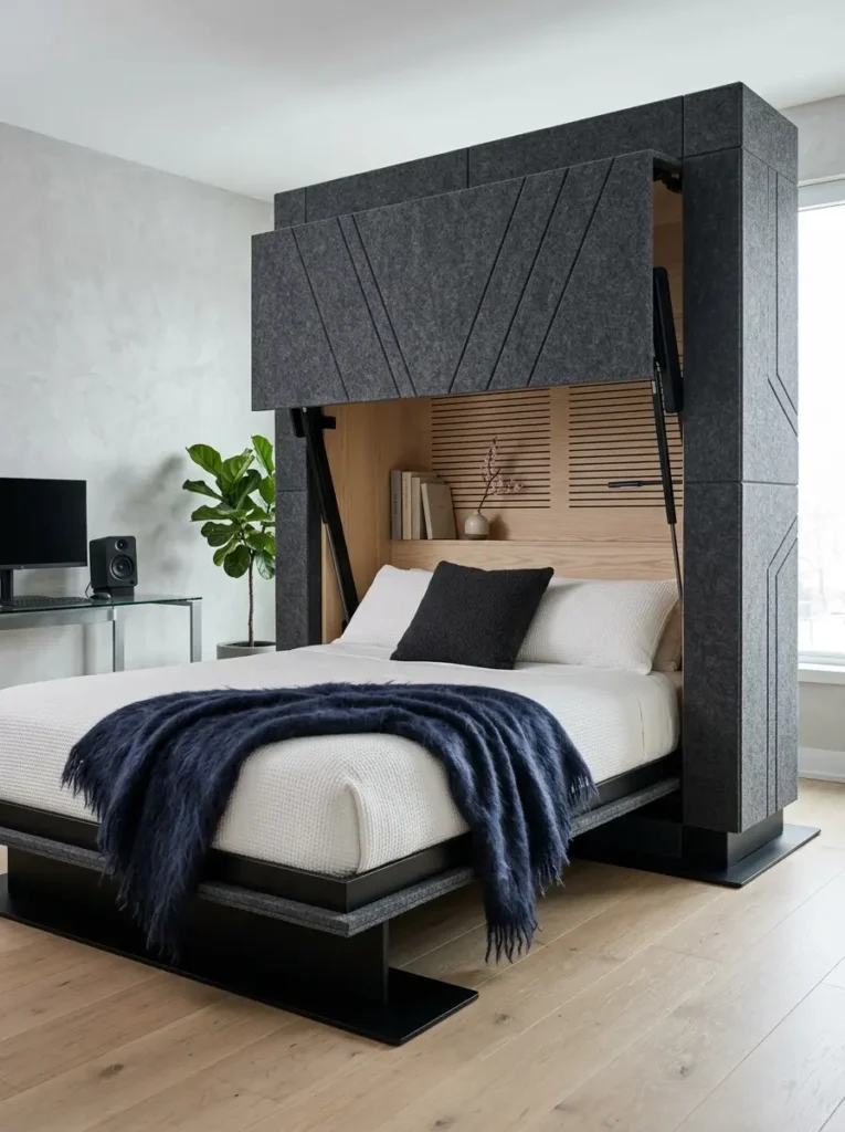Geometric Charcoal Felt Foldaway Modern charcoal felt foldaway affordable murphy bed with geometric panels and light blonde wood interior.