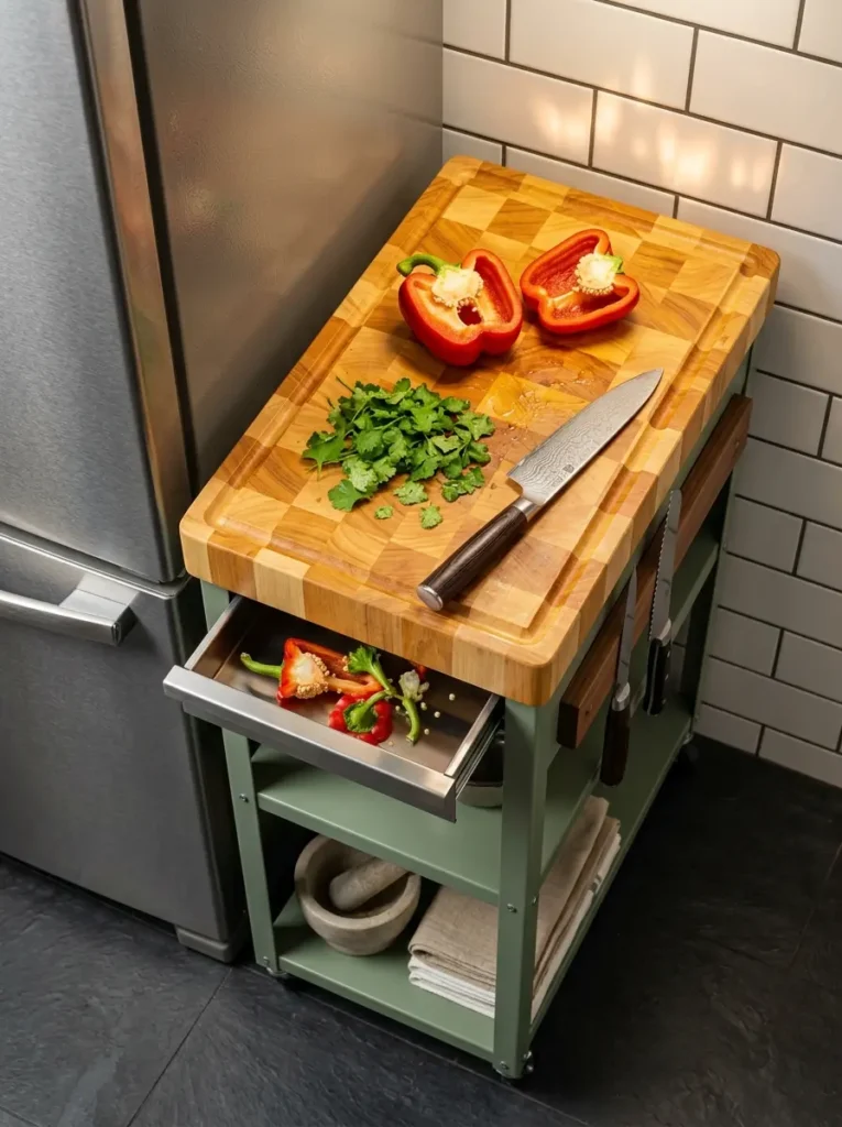 Sage green cart with thick butcher block top and sliding scrap tray