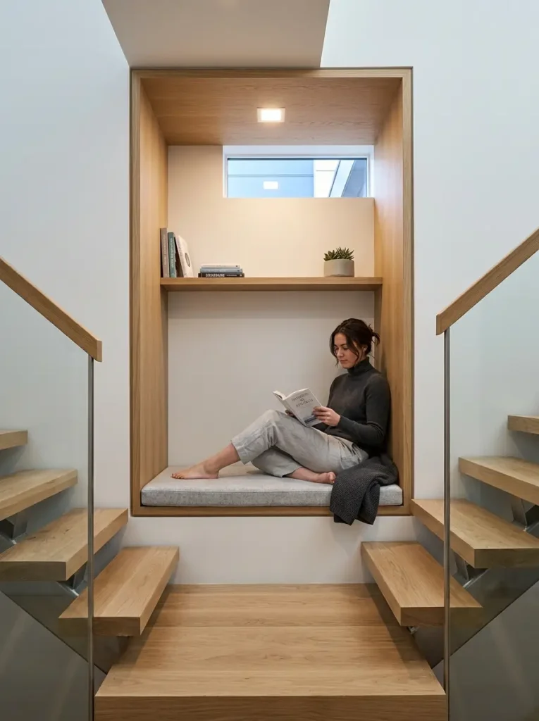 Staircase Landing Alcove Wooden built in reading nook on a staircase landing with a grey cushion.
